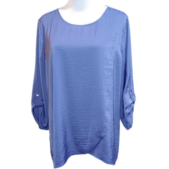 CHICO'S 2 Blouse Top Light Satin Front Panel Flowy LG Periwinkle Blue 3/4 Sleeve - Picture 9 of 9